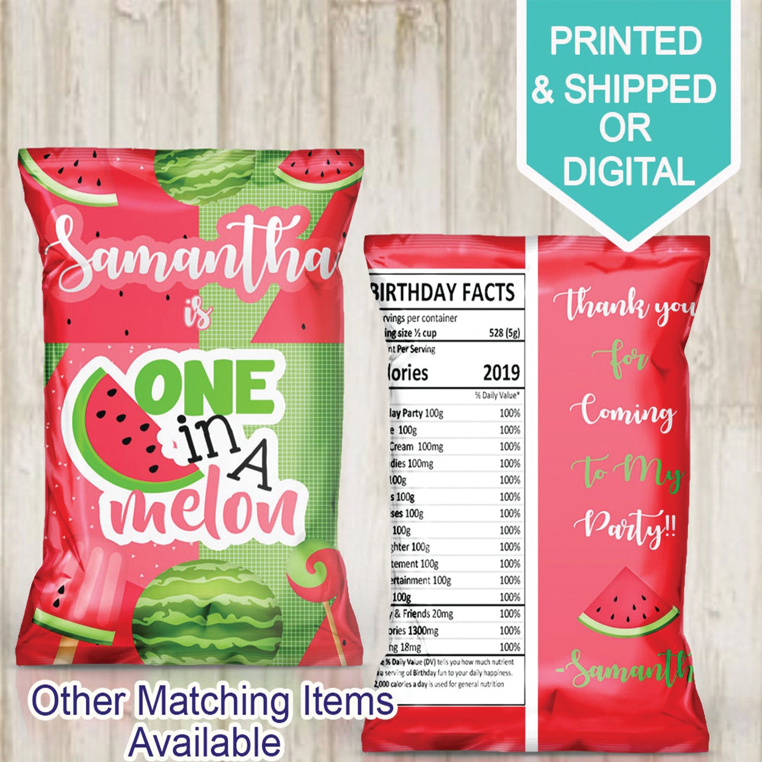 One in a Melon Favor Bags- Watermelon Chip Bags- Watermelon birthday-Watermelon Party- Custom Chip Bags-1st Birthday-printable-digital