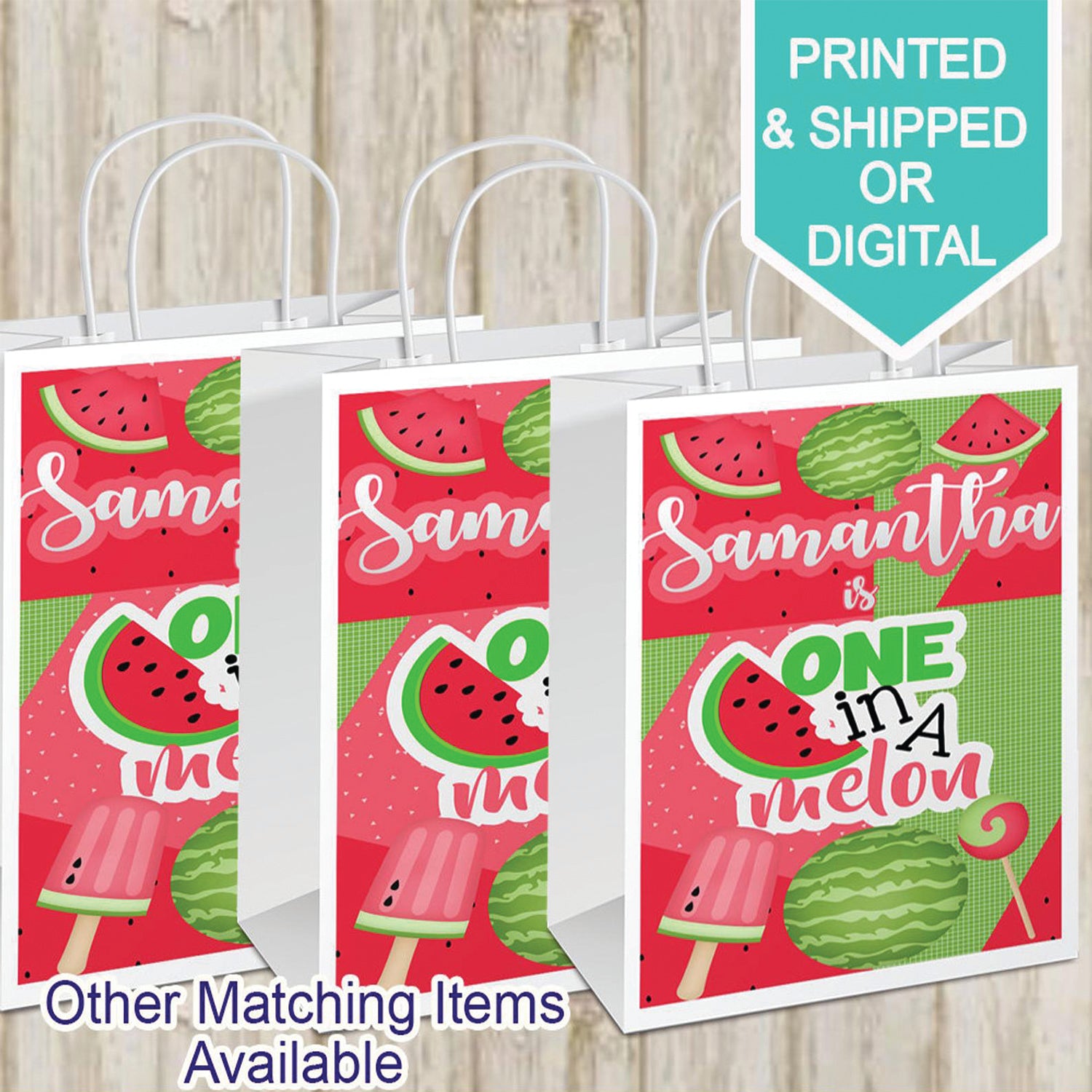 One in a Melon Gift bags- Custom Gift Bags- Watermelon Birthday- Watermelon Party- Labels- Printable- Printed- Gift Bag Label