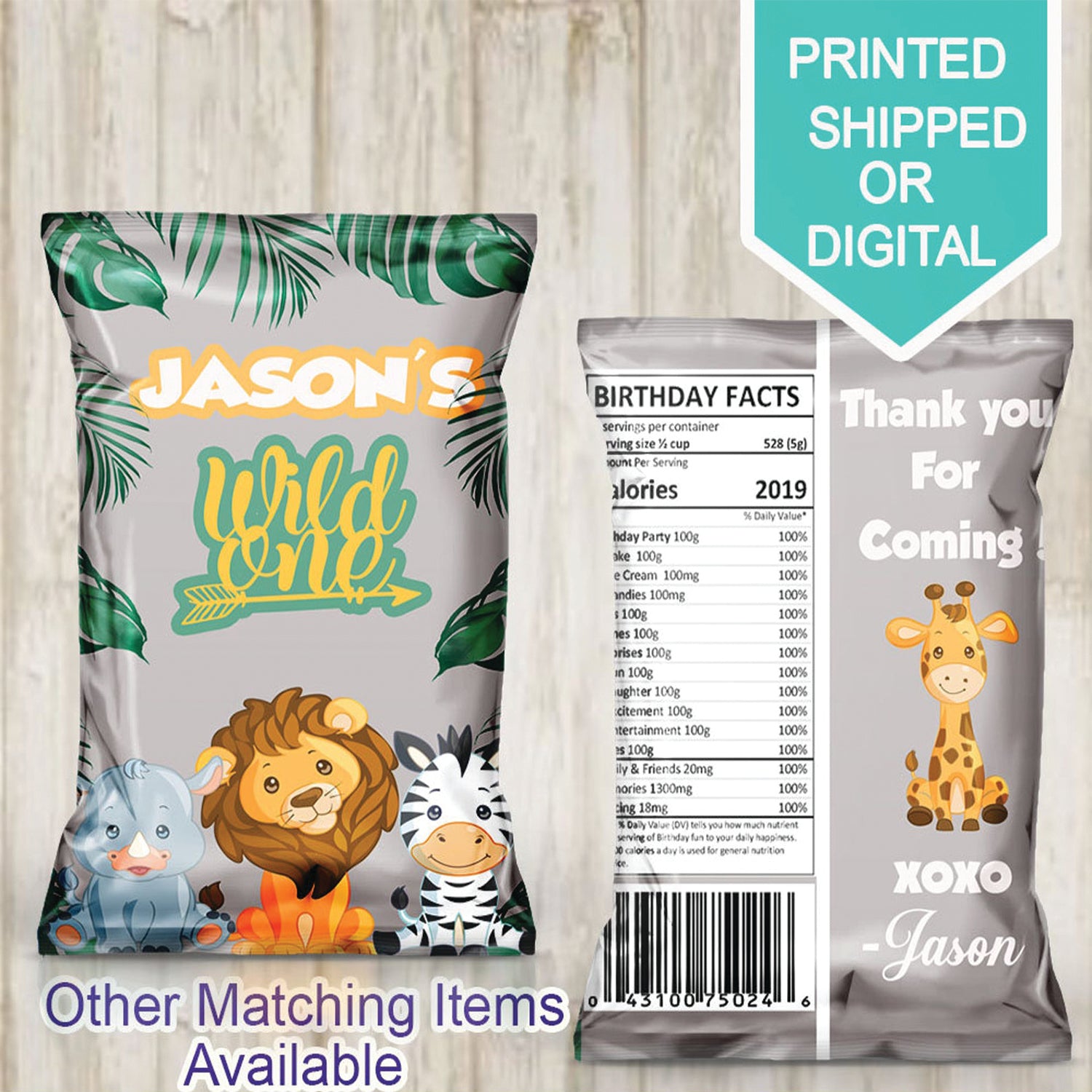 Wild One Favor Bags- Wild One Chip Bags- Safari Birthday Party- Jungle Animals-Printable- Custom Chip Bags-