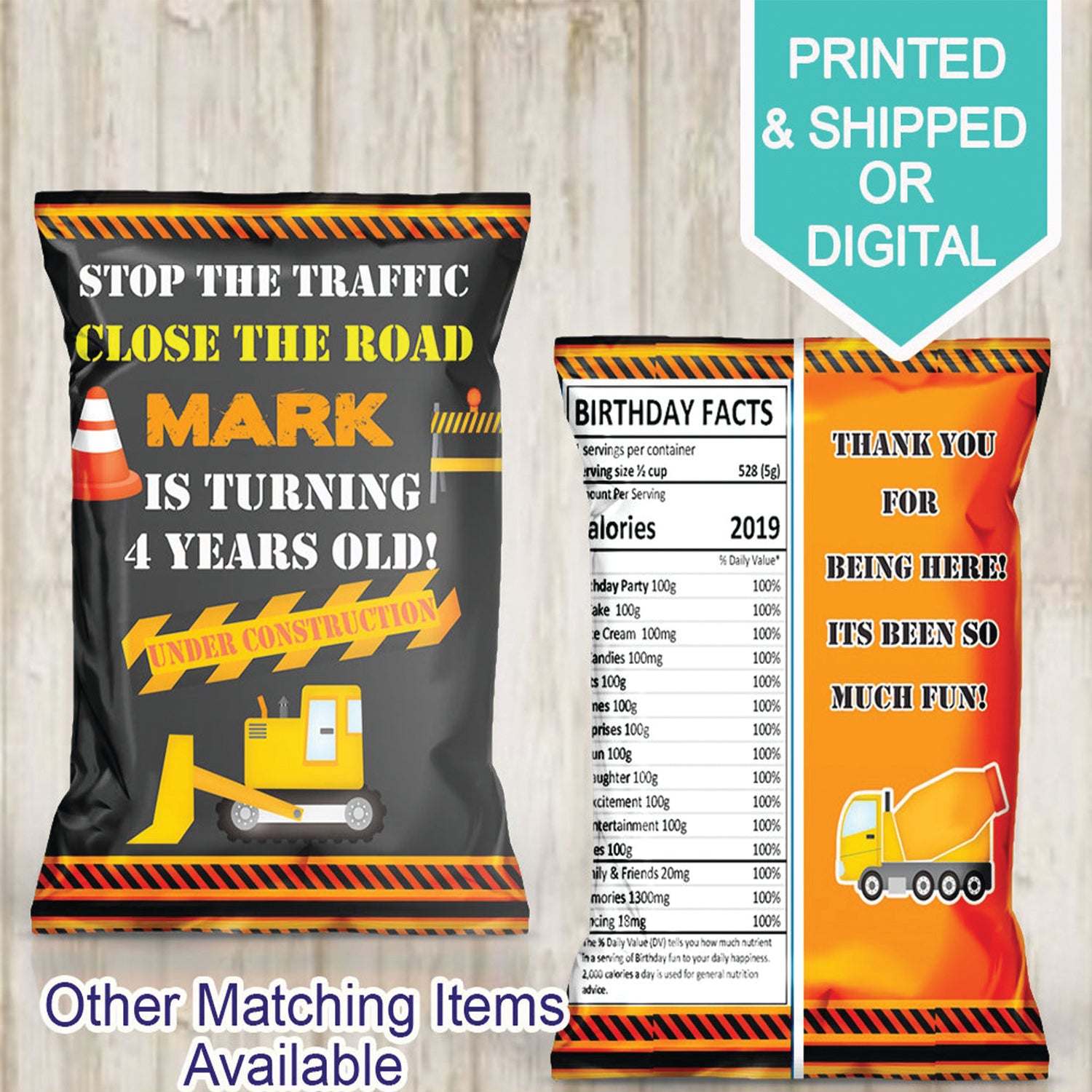 Construction Favor Bags- Construction Chip Bags- Dump Truck Birthday party- Custom Chip Bags- Printable-Printable